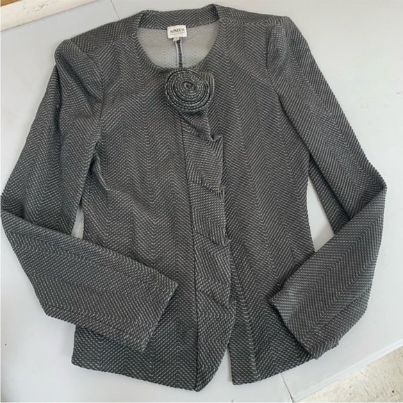 Armani Collezioni Gray Knit Button Front Rosette Accent Fitted Designer Blazer 6 - Picture 9 of 9
